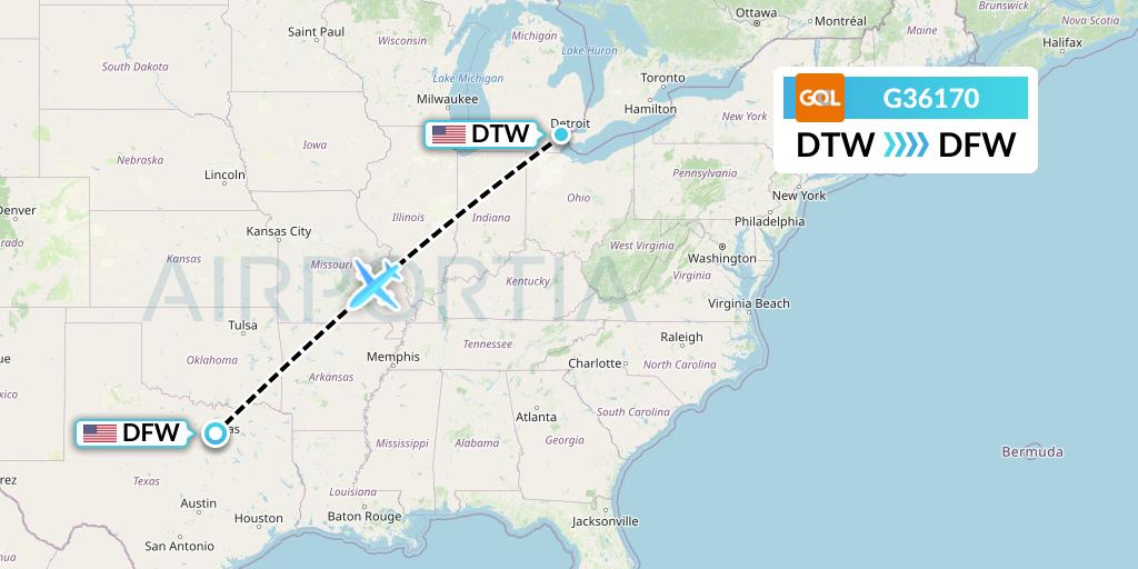 G36170 GOL Transportes Aeros Flight Map: Detroit to Dallas