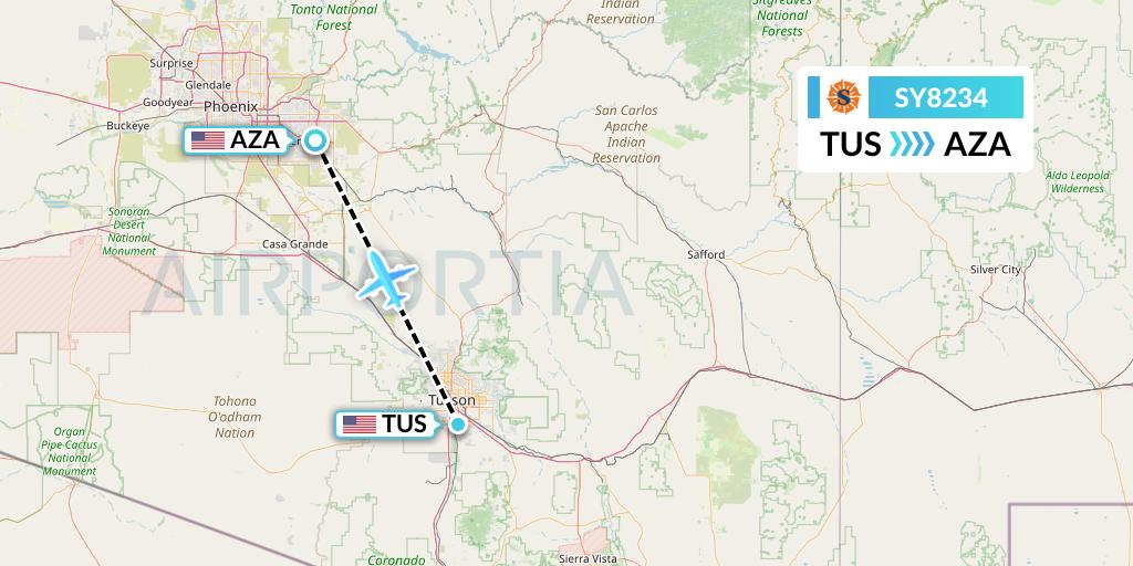 SY8234 Sun Country Airlines Flight Map: Tucson to Phoenix