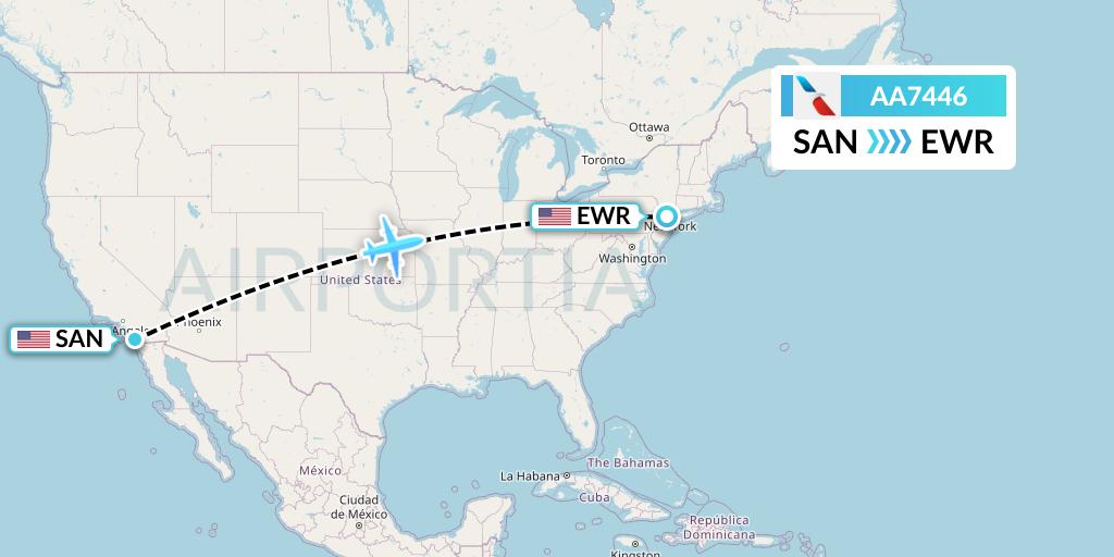 AA7446 American Airlines Flight Map: San Diego to New York