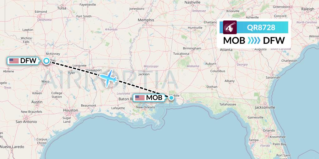 QR8728 Qatar Airways Flight Map: Mobile to Dallas
