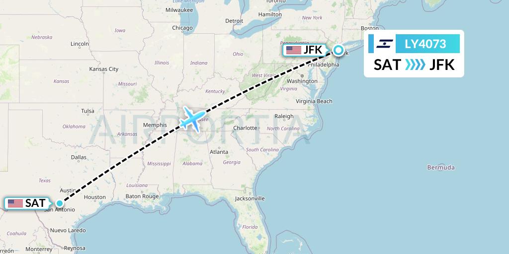 LY4073 El Al Flight Map: San Antonio to New York