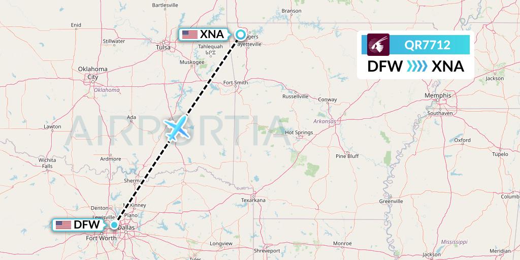QR7712 Qatar Airways Flight Map: Dallas to Bentonville