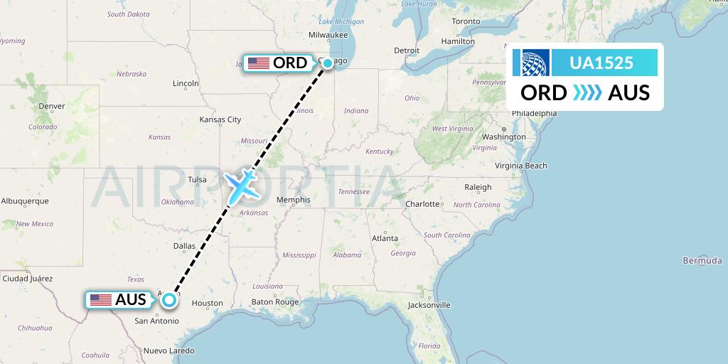 UA1525 United Airlines Flight Map: Chicago to Austin