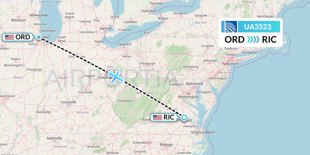 UA3523 United Airlines Flight Map: Chicago to Richmond