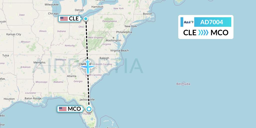 AD7004 Azul Brazilian Airlines Flight Map: Cleveland to Orlando