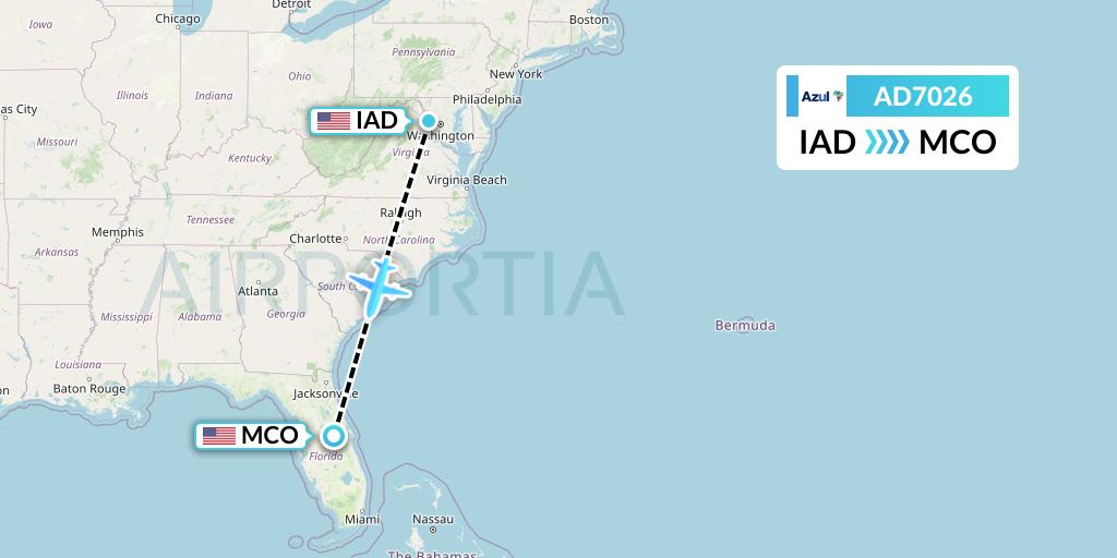 AD7026 Azul Brazilian Airlines Flight Map: Washington to Orlando