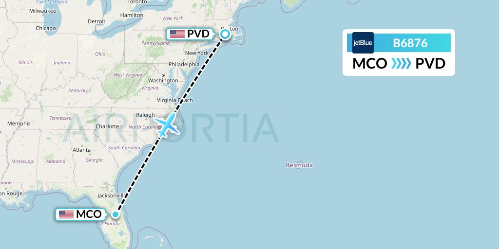 B6876 JetBlue Airways Flight Map: Orlando to Providence