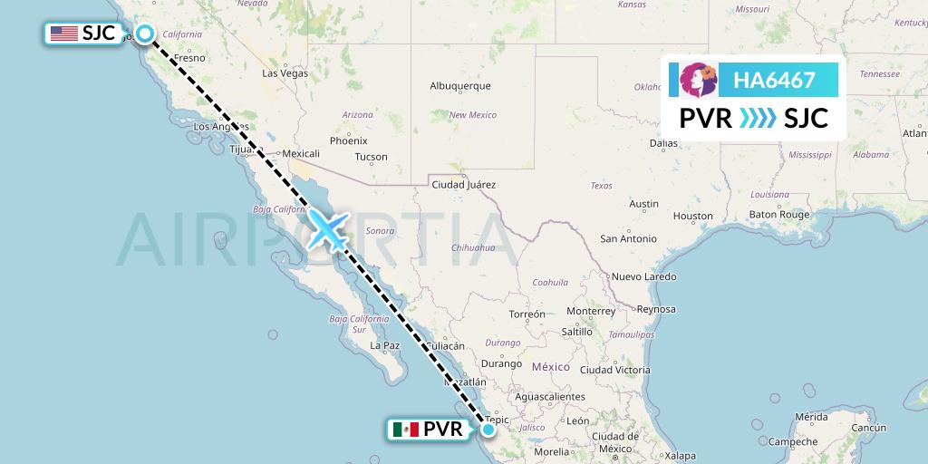 HA6467 Hawaiian Airlines Flight Map: Puerto Vallarta to San Jose