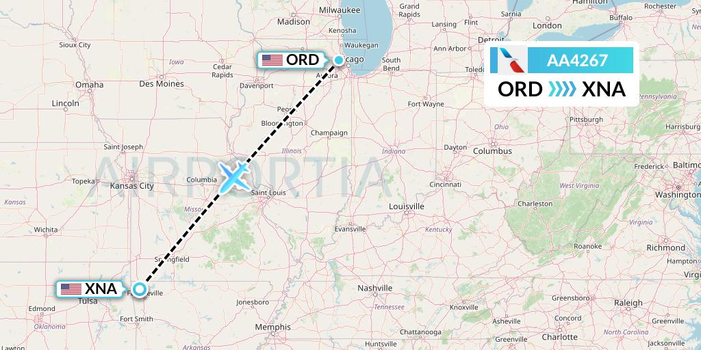 AA4267 American Airlines Flight Map: Chicago to Bentonville