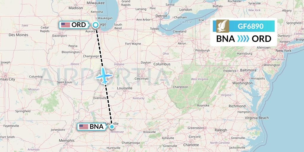 GF6890 Gulf Air Flight Map: Nashville to Chicago