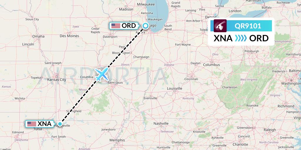 QR9101 Qatar Airways Flight Map: Bentonville to Chicago