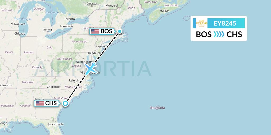 EY8245 Etihad Airways Flight Map: Boston to Charleston