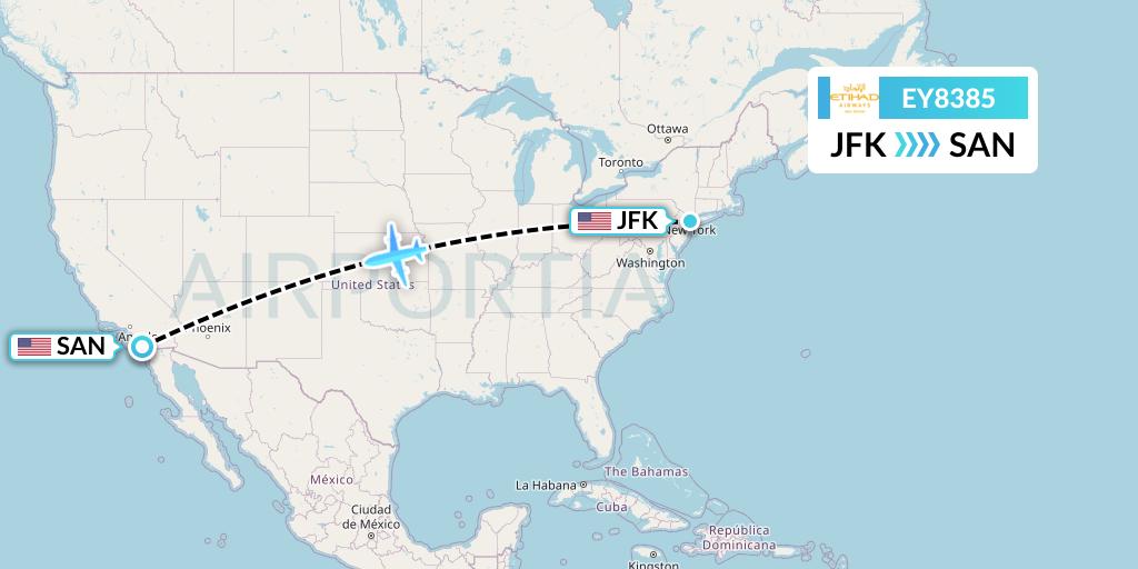 EY8385 Etihad Airways Flight Map: New York to San Diego