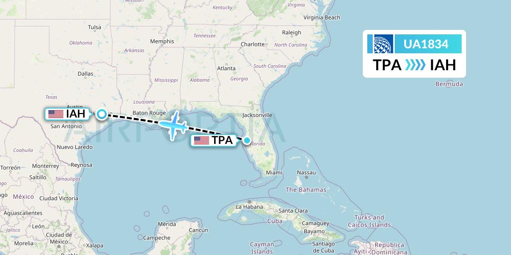 UA1834 United Airlines Flight Map: Tampa to Houston
