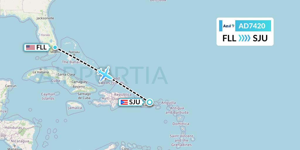 AD7420 Azul Brazilian Airlines Flight Map: Fort Lauderdale to San Juan