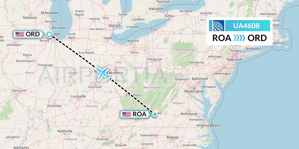 UA4608 United Airlines Flight Map: Roanoke to Chicago