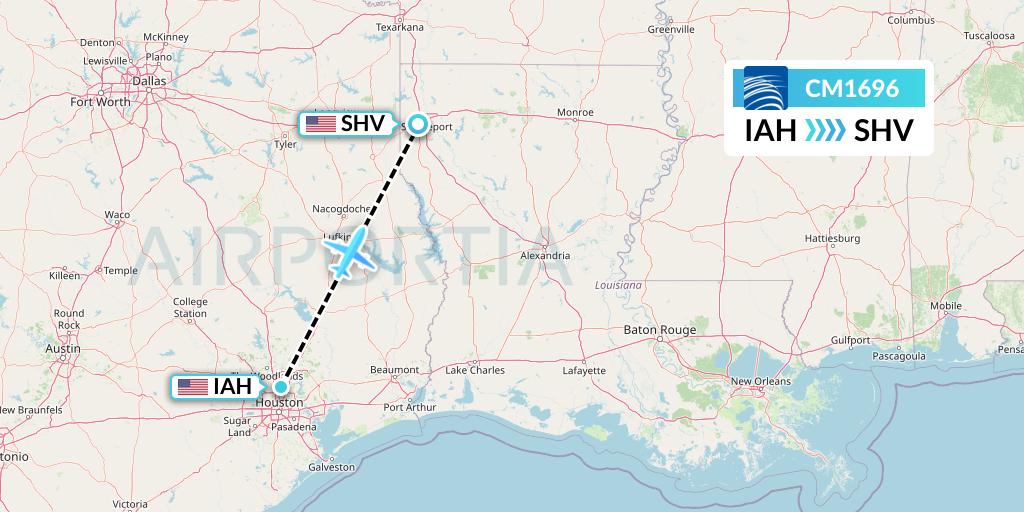 CM1696 Copa Airlines Flight Map: Houston to Shreveport