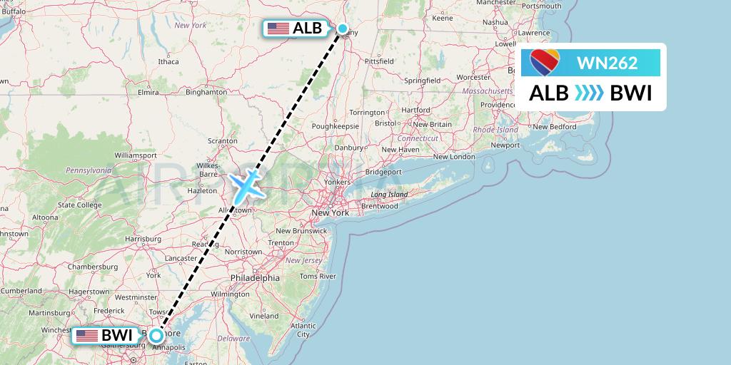 WN262 Southwest Airlines Flight Map: Albany to Baltimore