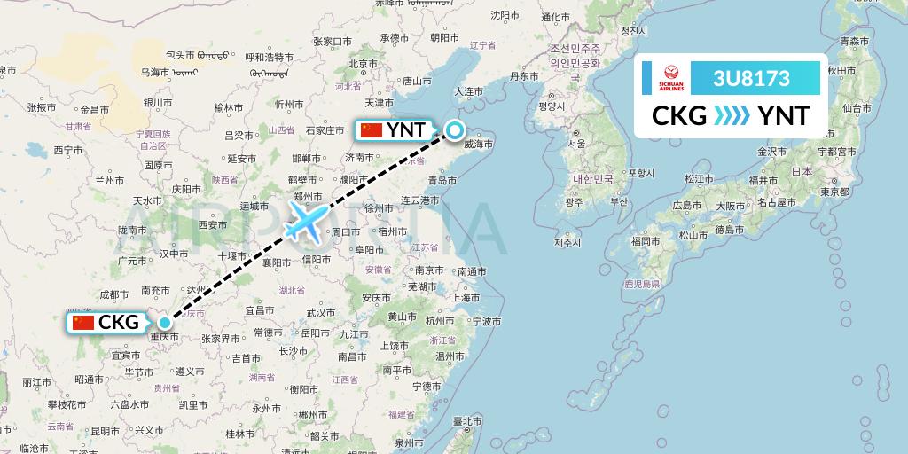 3U8173 Sichuan Airlines Flight Map: Chongqing to Yantai