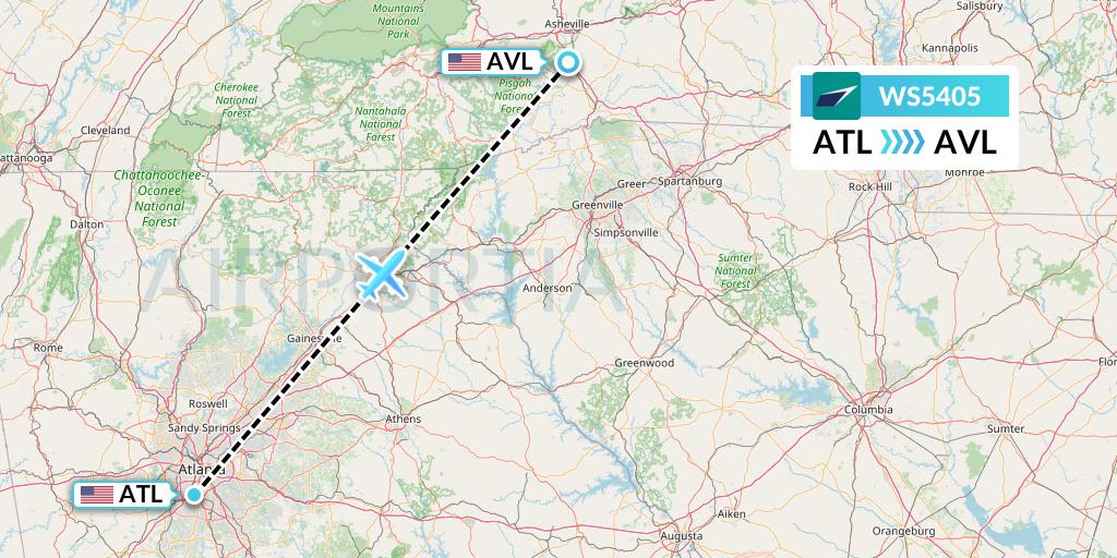 WS5405 WestJet Flight Map: Atlanta to Asheville