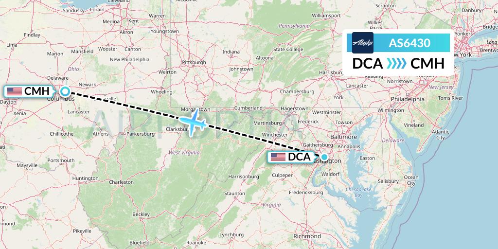 AS6430 Alaska Airlines Flight Map: Washington to Columbus