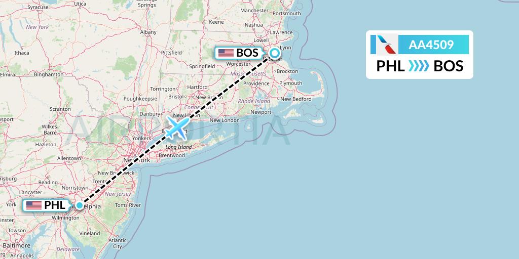 AA4509 American Airlines Flight Map: Philadelphia to Boston