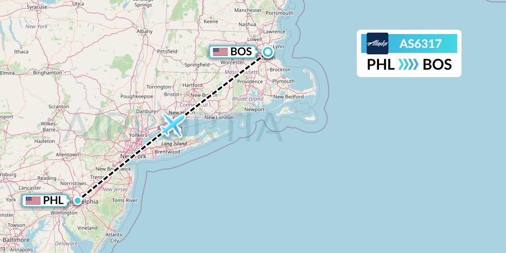 AS6317 Alaska Airlines Flight Map: Philadelphia to Boston