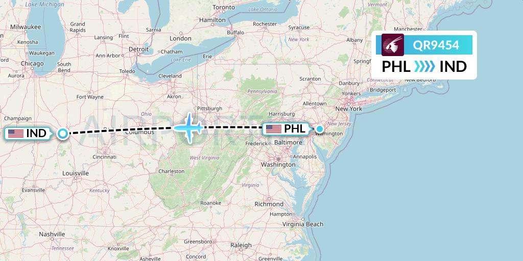 QR9454 Qatar Airways Flight Map: Philadelphia to Indianapolis