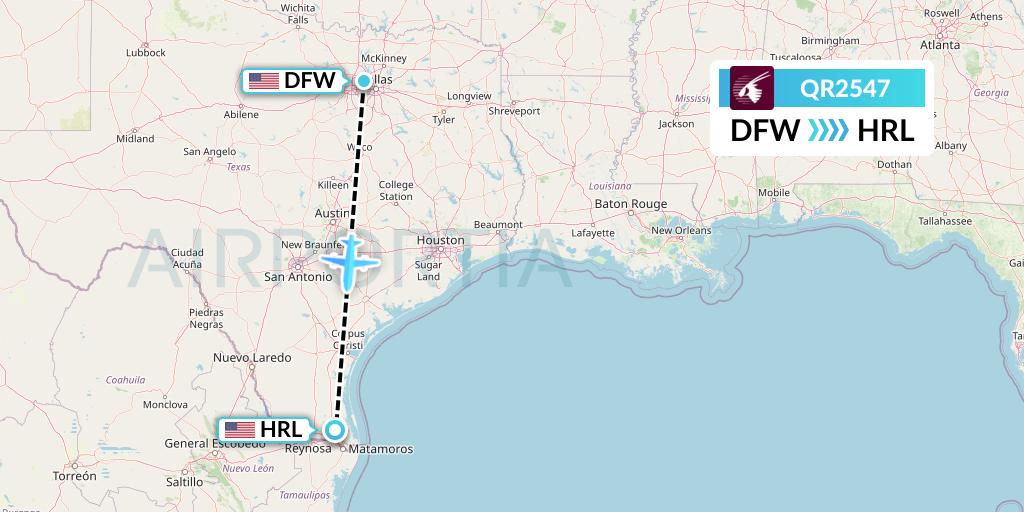 QR2547 Qatar Airways Flight Map: Dallas to Harlingen