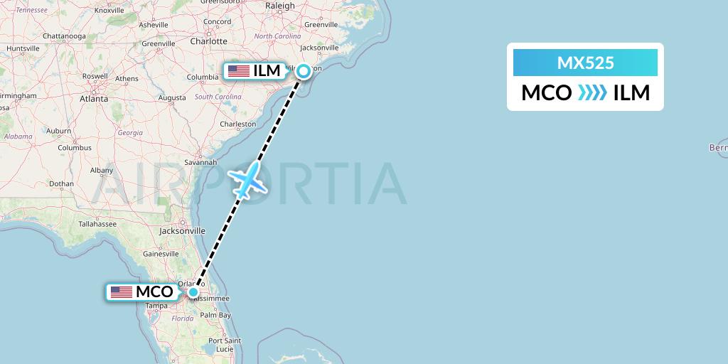 MX525 Breeze Airways Flight Map: Orlando to Wilmington