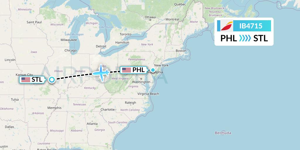IB4715 Iberia Flight Map: Philadelphia to St. Louis
