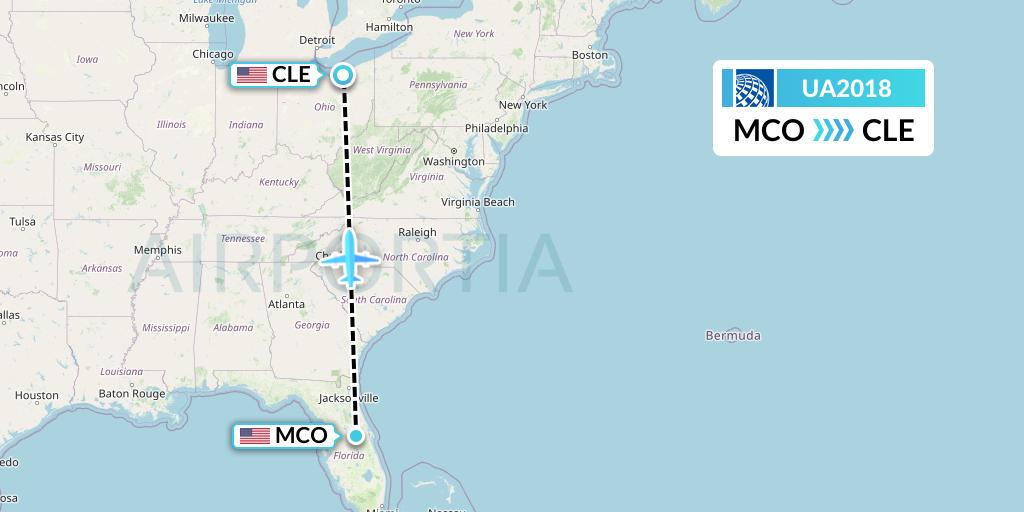 UA2018 United Airlines Flight Map: Orlando to Cleveland
