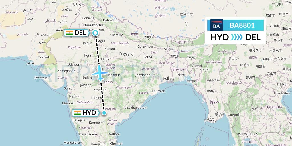 BA8801 British Airways Flight Map: Hyderabad to Delhi