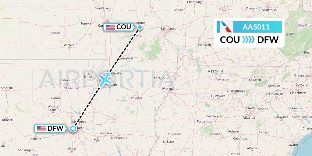 AA5011 American Airlines Flight Map: Columbia to Dallas
