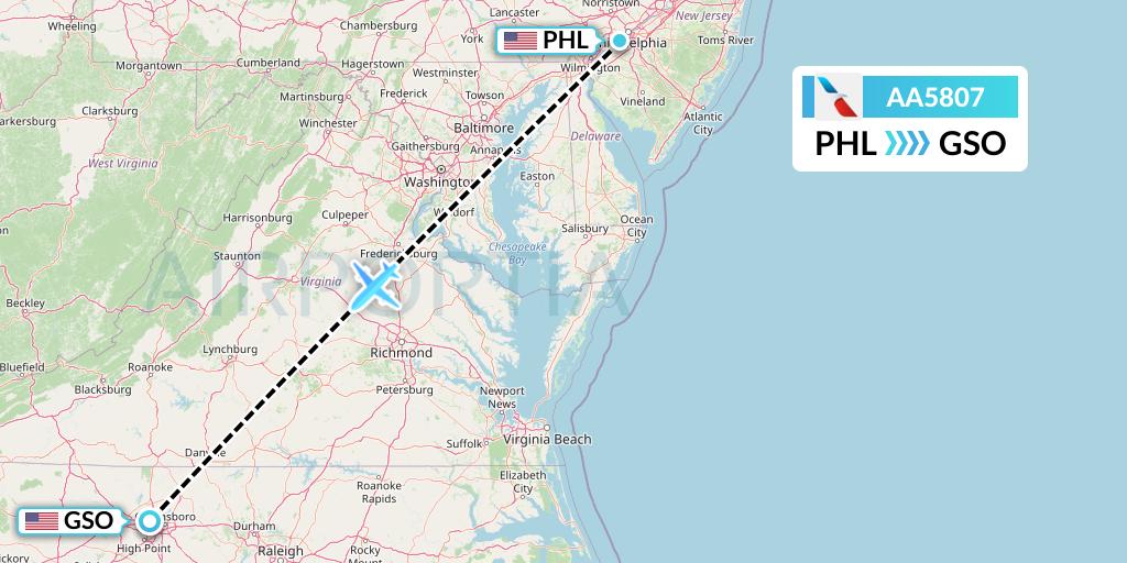 AA5807 American Airlines Flight Map: Philadelphia to Greensboro