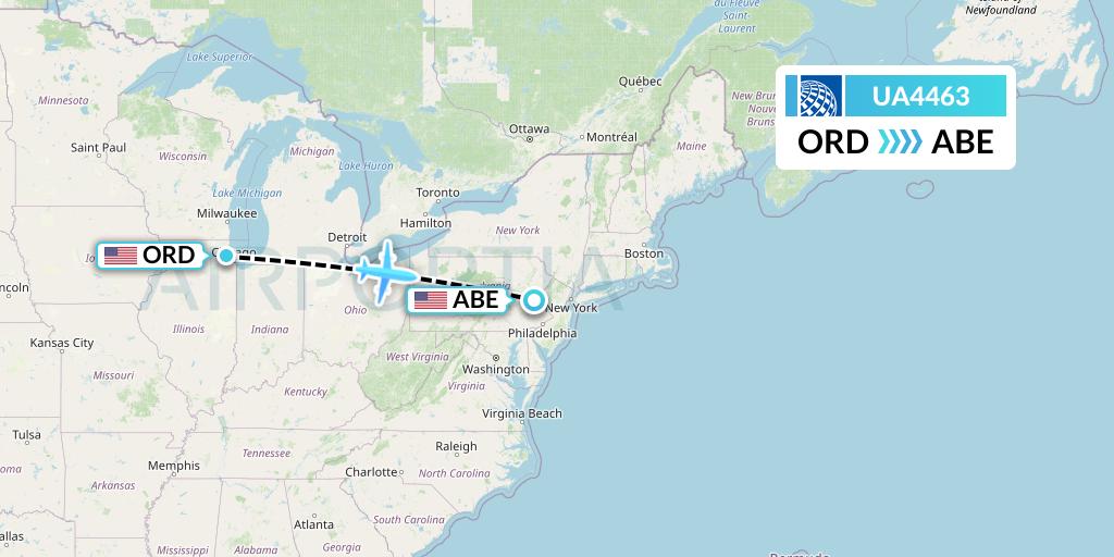 UA4463 United Airlines Flight Map: Chicago to Allentown