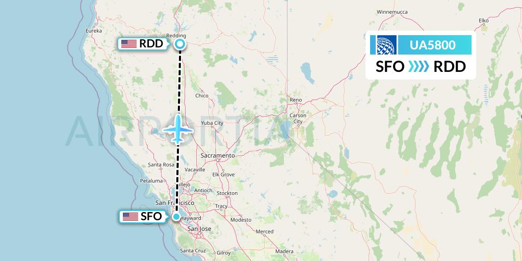 UA5800 United Airlines Flight Map: San Francisco to Redding