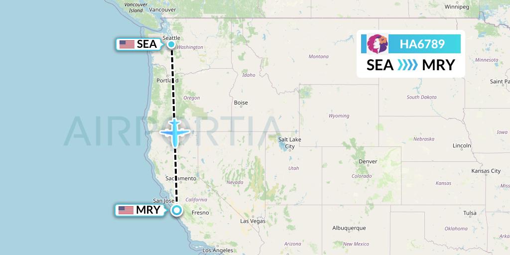 HA6789 Hawaiian Airlines Flight Map: Seattle to Monterey