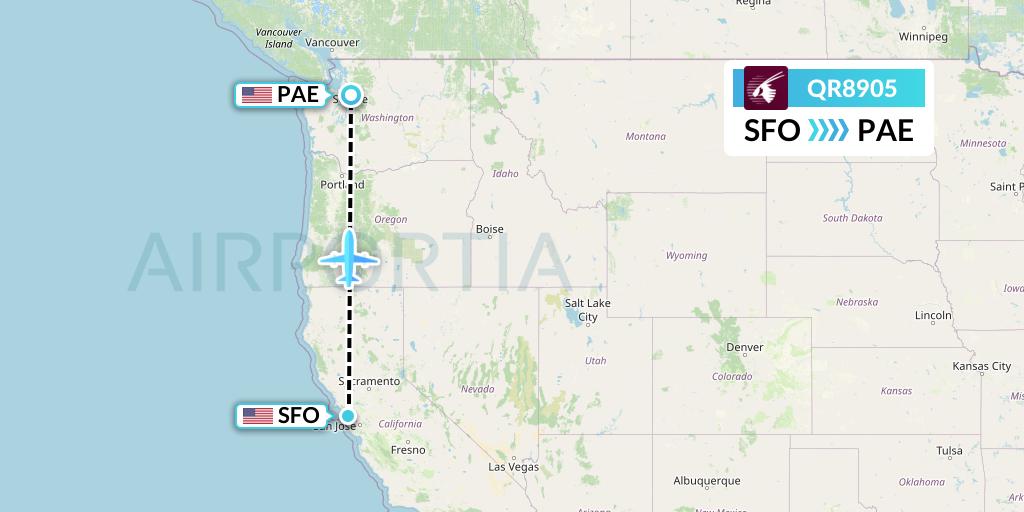 QR8905 Qatar Airways Flight Map: San Francisco to Everett