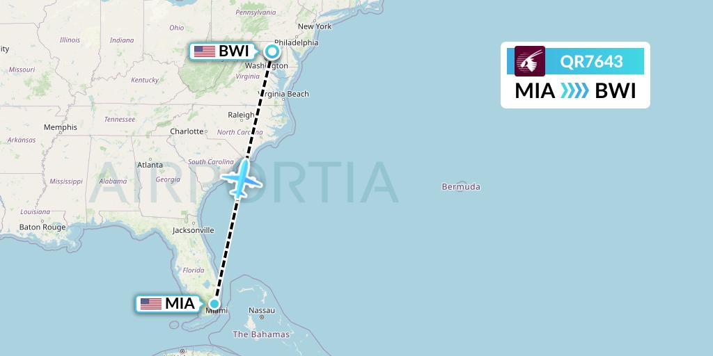 QR7643 Qatar Airways Flight Map: Miami to Baltimore