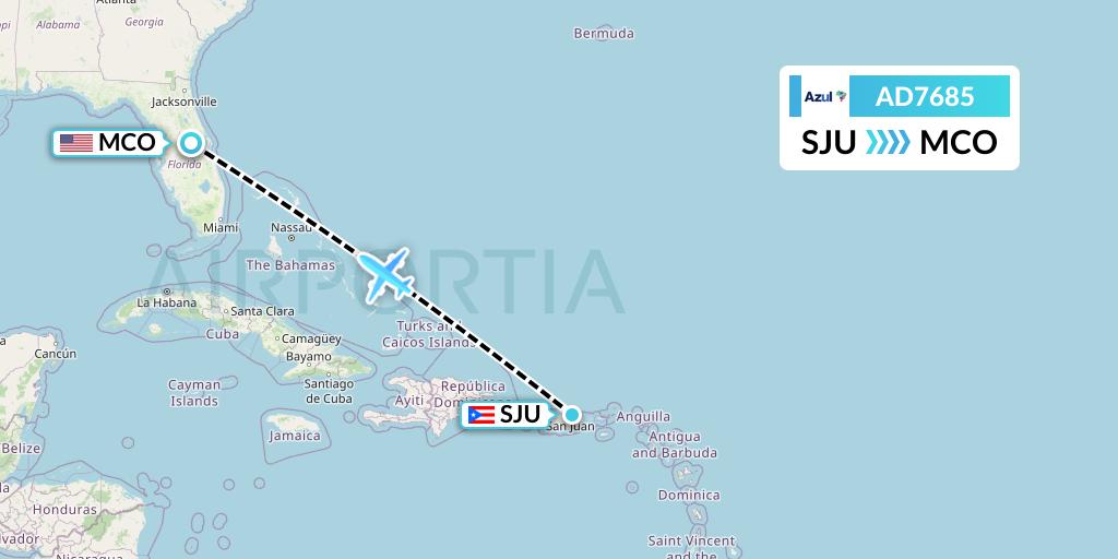 AD7685 Azul Brazilian Airlines Flight Map: San Juan to Orlando