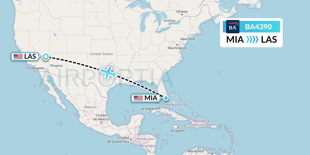 BA4390 British Airways Flight Map: Miami to Las Vegas