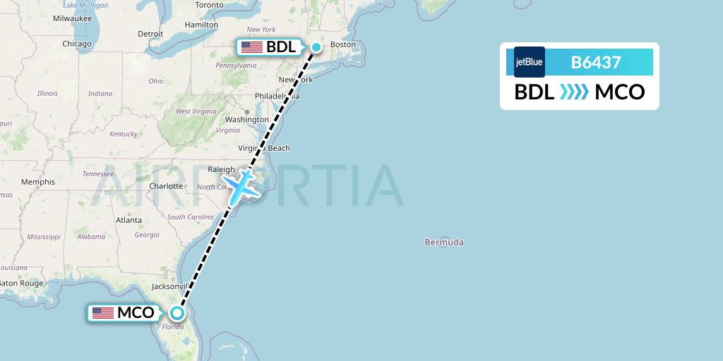 B6437 JetBlue Airways Flight Map: Windsor Locks to Orlando
