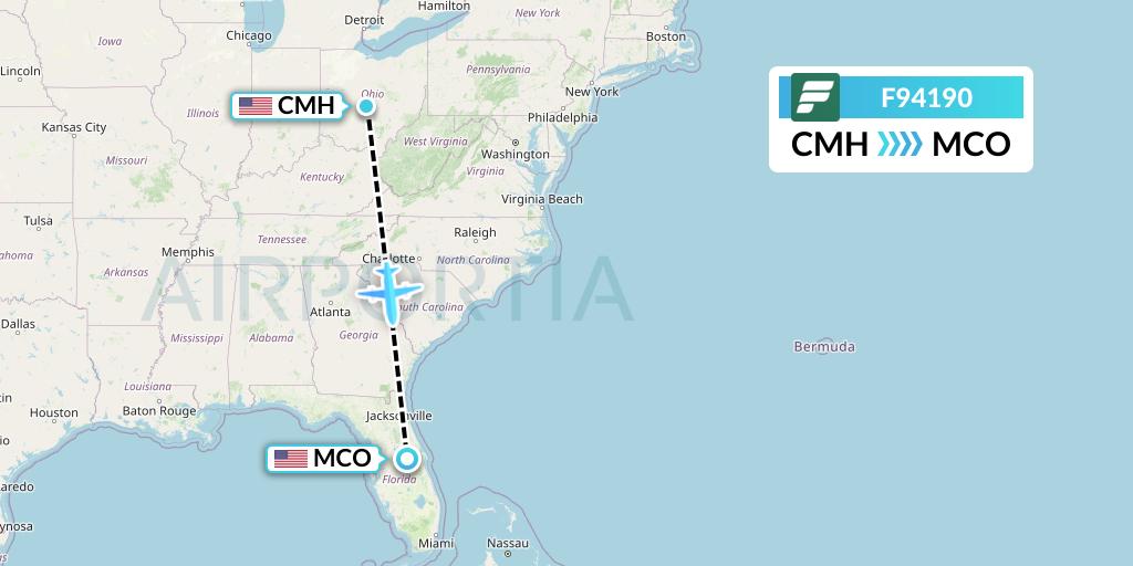 F94190 Frontier Airlines Flight Map: Columbus to Orlando