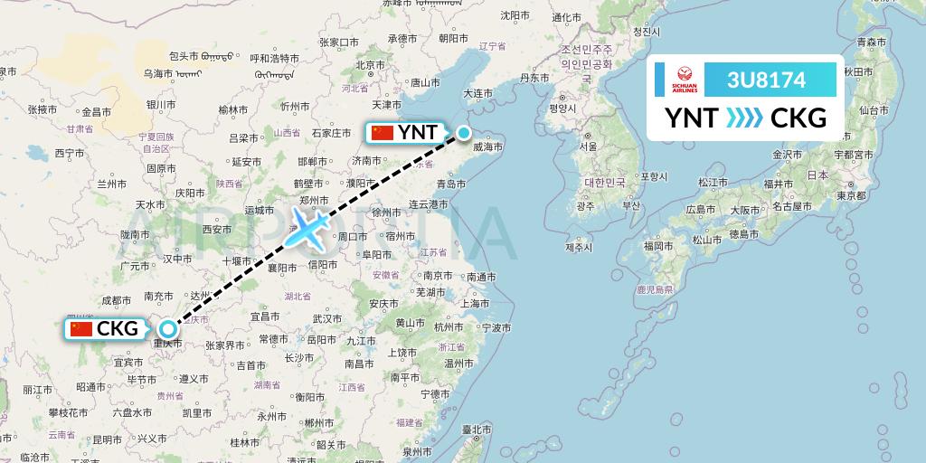 3U8174 Sichuan Airlines Flight Map: Yantai to Chongqing