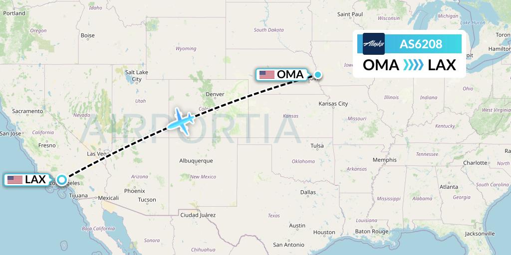 AS6208 Alaska Airlines Flight Map: Omaha to Los Angeles