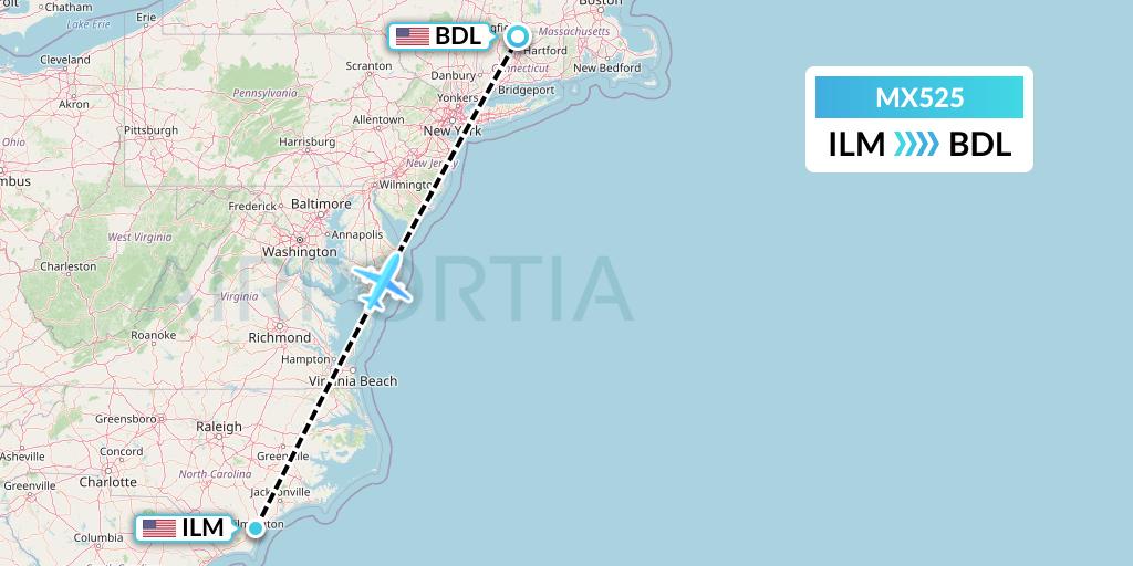 MX525 Breeze Airways Flight Map: Wilmington to Windsor Locks