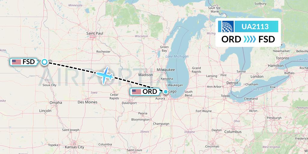 UA2113 United Airlines Flight Map: Chicago to Sioux Falls