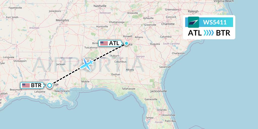 WS5411 WestJet Flight Map: Atlanta to Baton Rouge