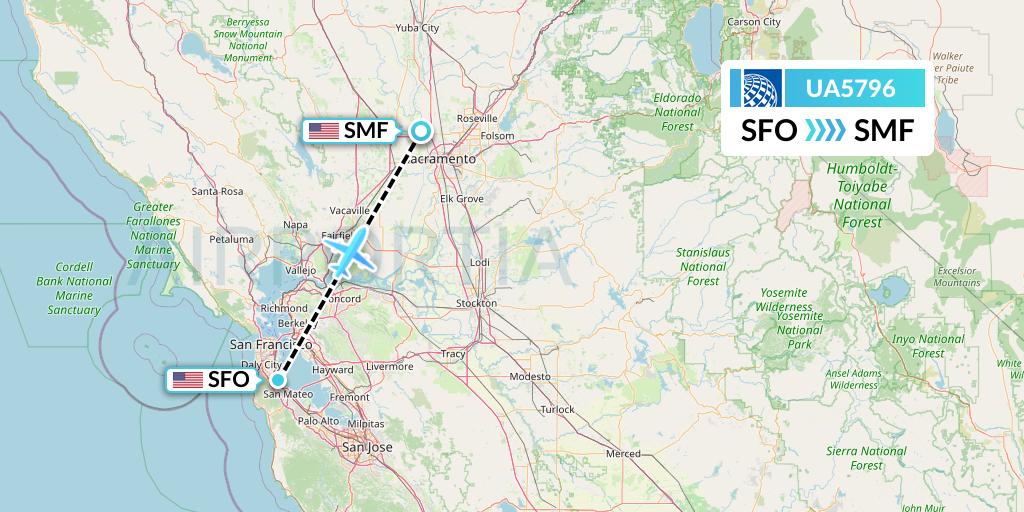 UA5796 United Airlines Flight Map: San Francisco to Sacramento